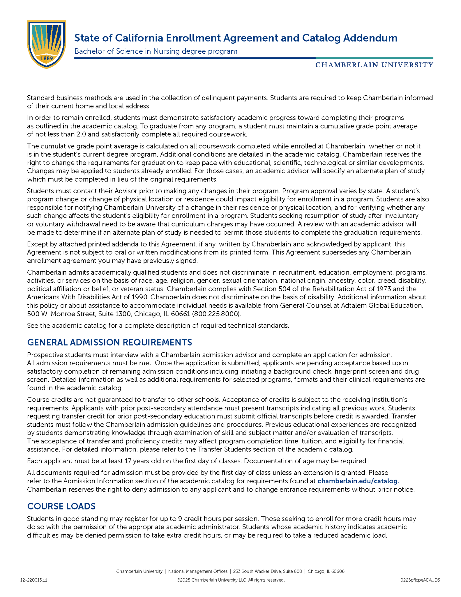 Picture of California Enrollment Agreement and Catalog Addendum - Bachelor of Science in Nursing Degree Program